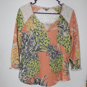Guess Women's Sz L Pineapple Print Scoop Neck Knit Sweater Lace Back 3/4 sleeves